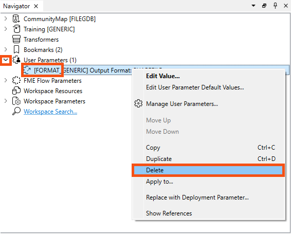 Deleting a user parameter